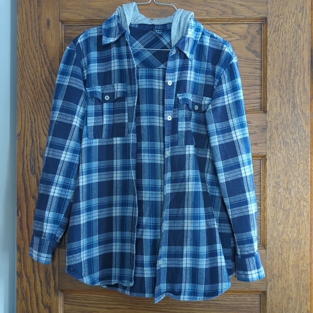Forever 21 Blue and White Button Down Plaid Hooded Shirt Size Small